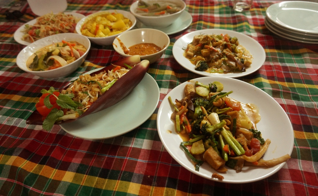 Pad thai, stir-fried veggies, massaman curry and papaya salad (at On's)